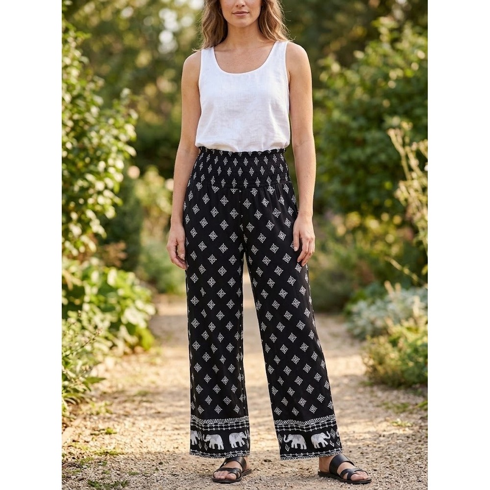 Boho Tribal Elephant Print Wide Leg Palazzo Pants Smocked INC Black White L